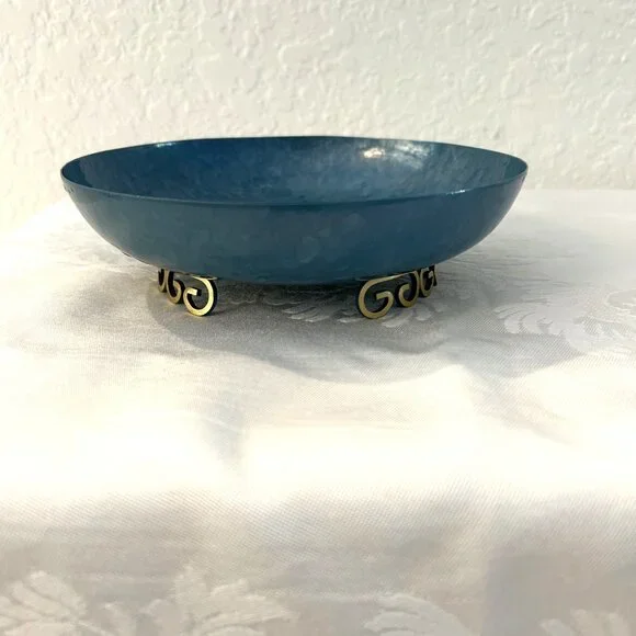 Mid-Century Sea Blue Kyes Greek Key Pedestal Bowl